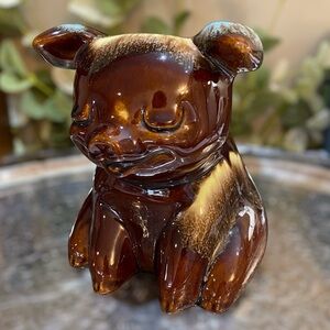 Vintage Hull Pottery USA Drip Glazed Brown Blue Piggy Bank #196 with Cork